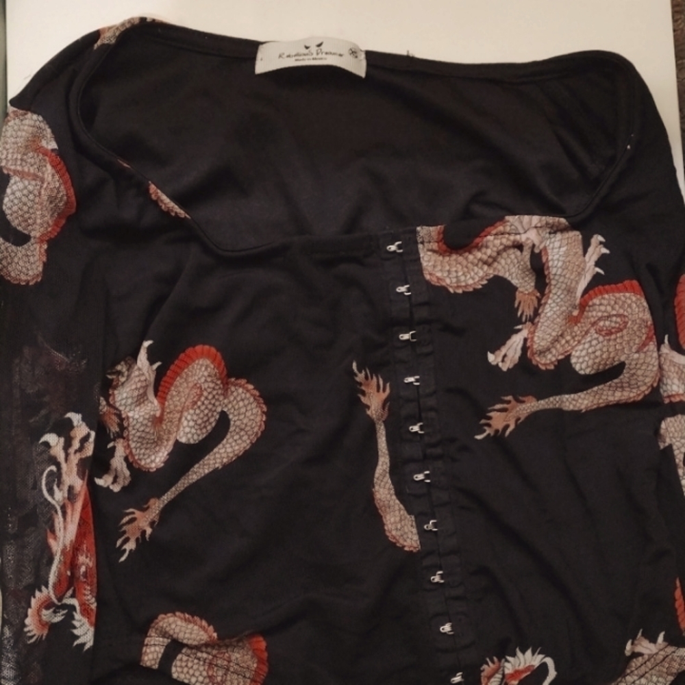 Long sleeve lace button up dragon print top